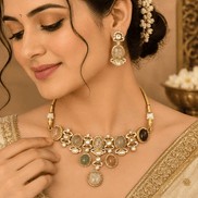 Gold-tone necklace with multicolor stones and round dangling earrings on model