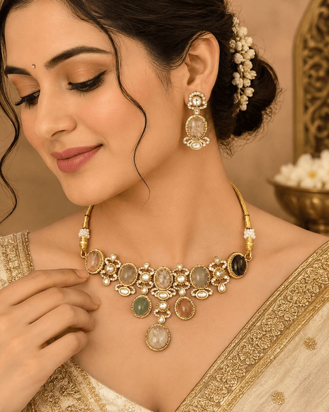 Gold-tone necklace with multicolor stones and round dangling earrings on model