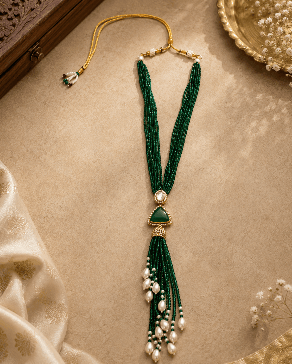 Teal green beaded tassel necklace with oval gold-tone pendant and pearl tassels
