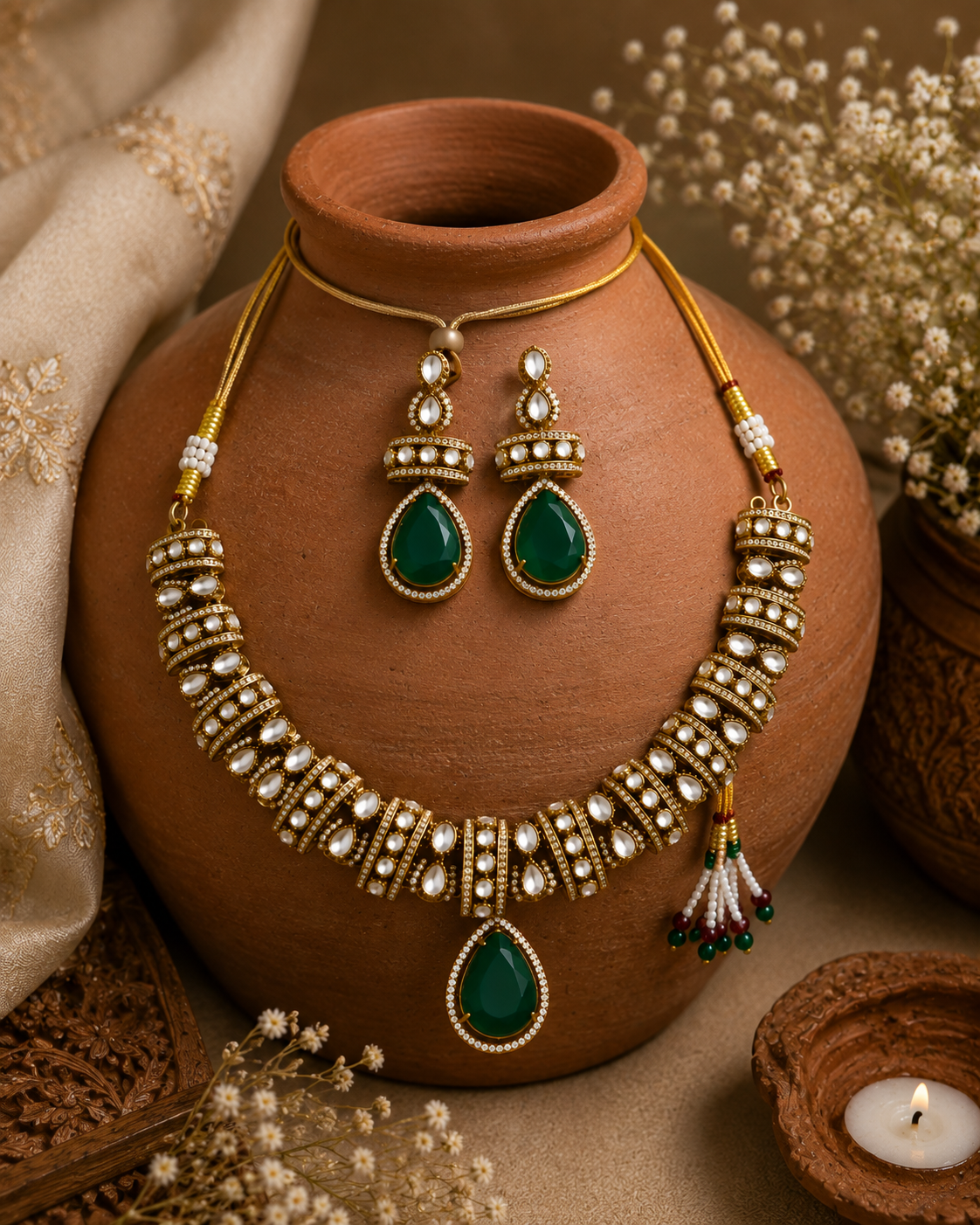Gold-tone heritage necklace set with green teardrop pendant and matching drop earrings