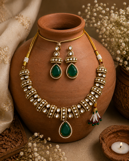 Gold-tone heritage necklace set with green teardrop pendant and matching drop earrings