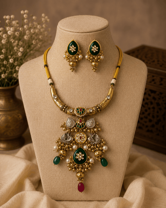 Gold-tone necklace set with green enamel center and pearl drops, matching green earrings