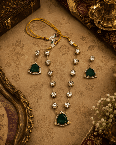 Layered gold-toned necklace with multiple dark green teardrop pendants on bead chain