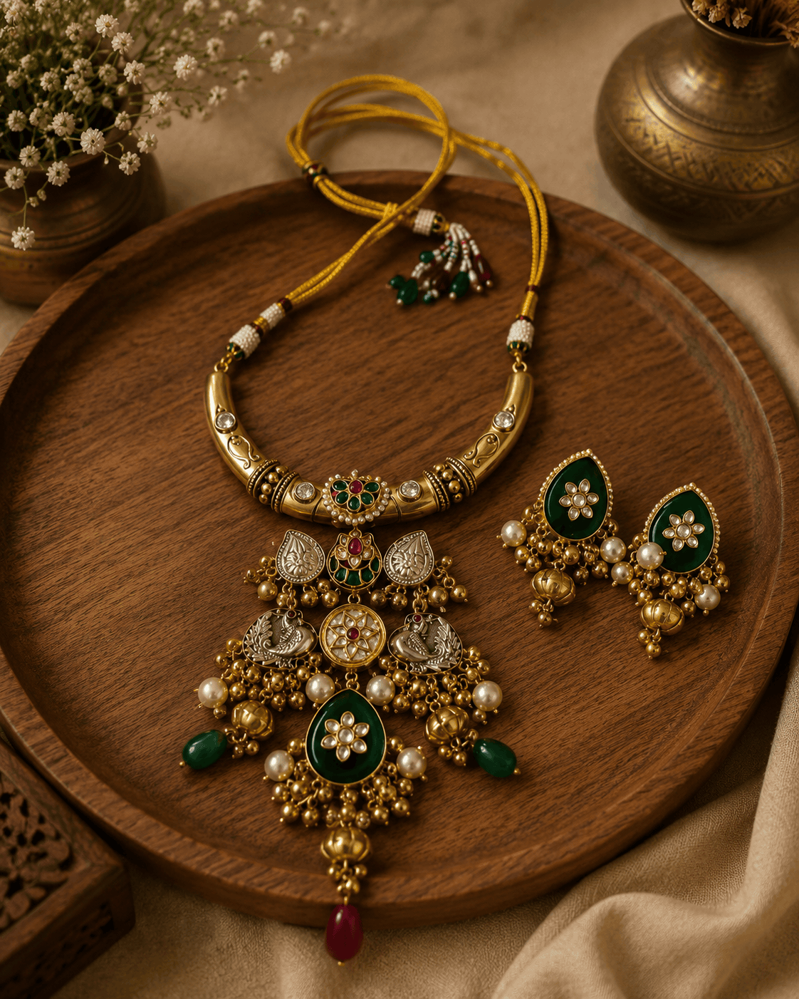 Gold-tone heritage necklace set with green and pink stones, plus pearl drop earrings