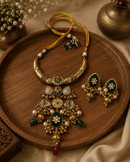 Gold-tone heritage necklace set with green and pink stones, plus pearl drop earrings