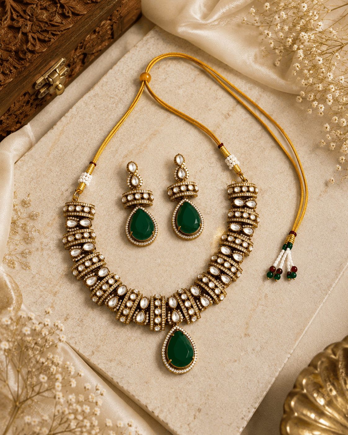 Gold-tone heritage necklace set with green teardrop pendant and beadwork dangle earrings