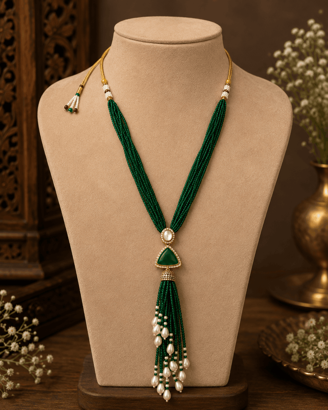 Teal green cord tassel necklace with gold oval centerpiece and dangling pearl strands