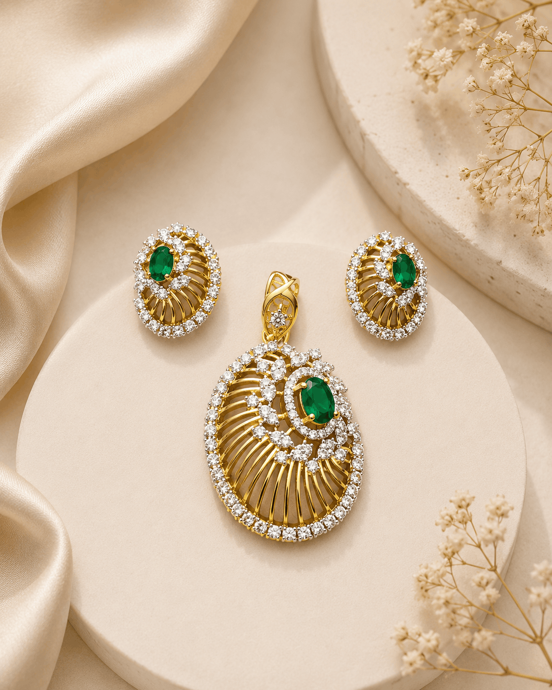 Gold-tone pendant with green oval halo and matching stud earrings