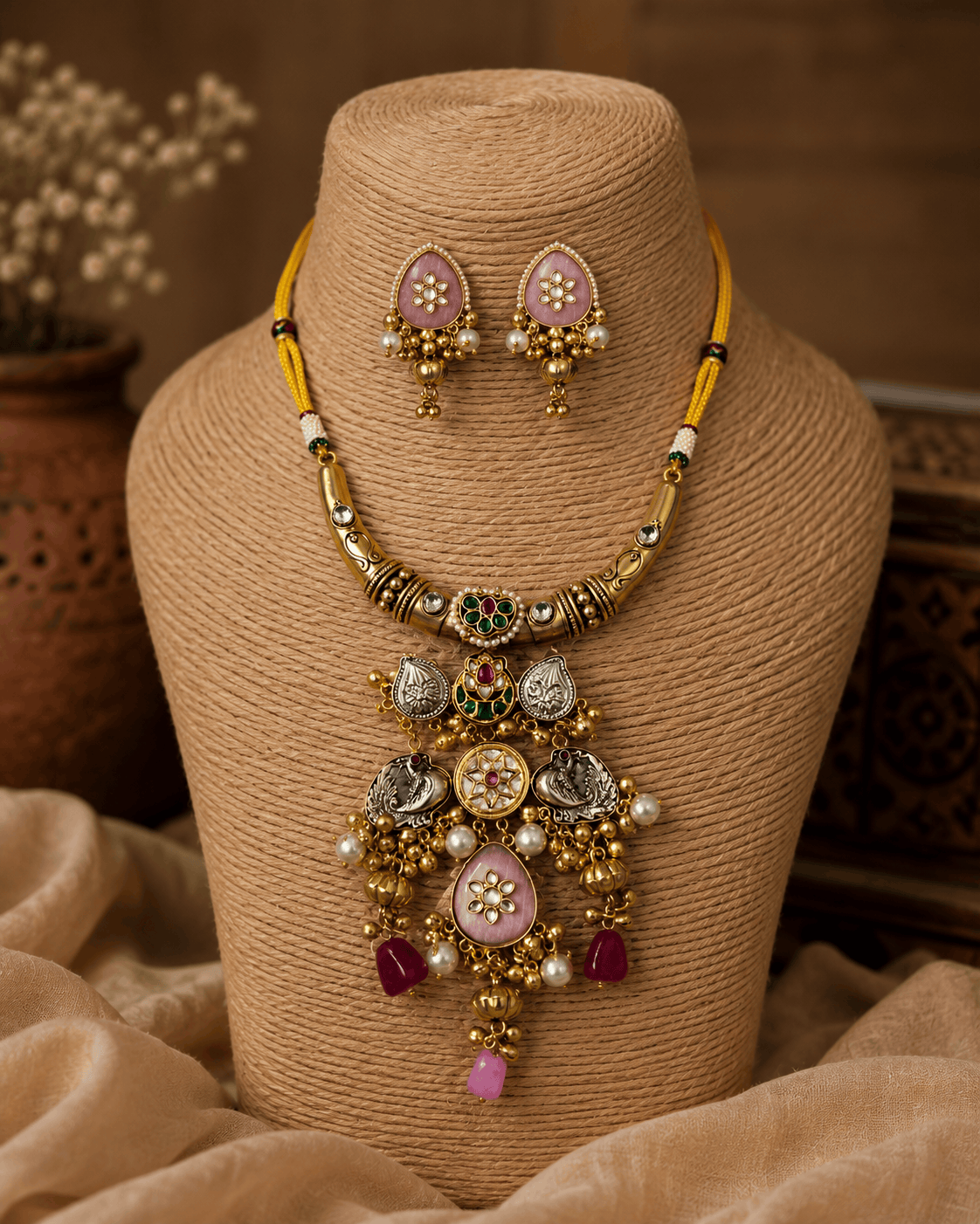 Gold-tone necklace set with green stones and pink enamel accents, plus pink stud earrings