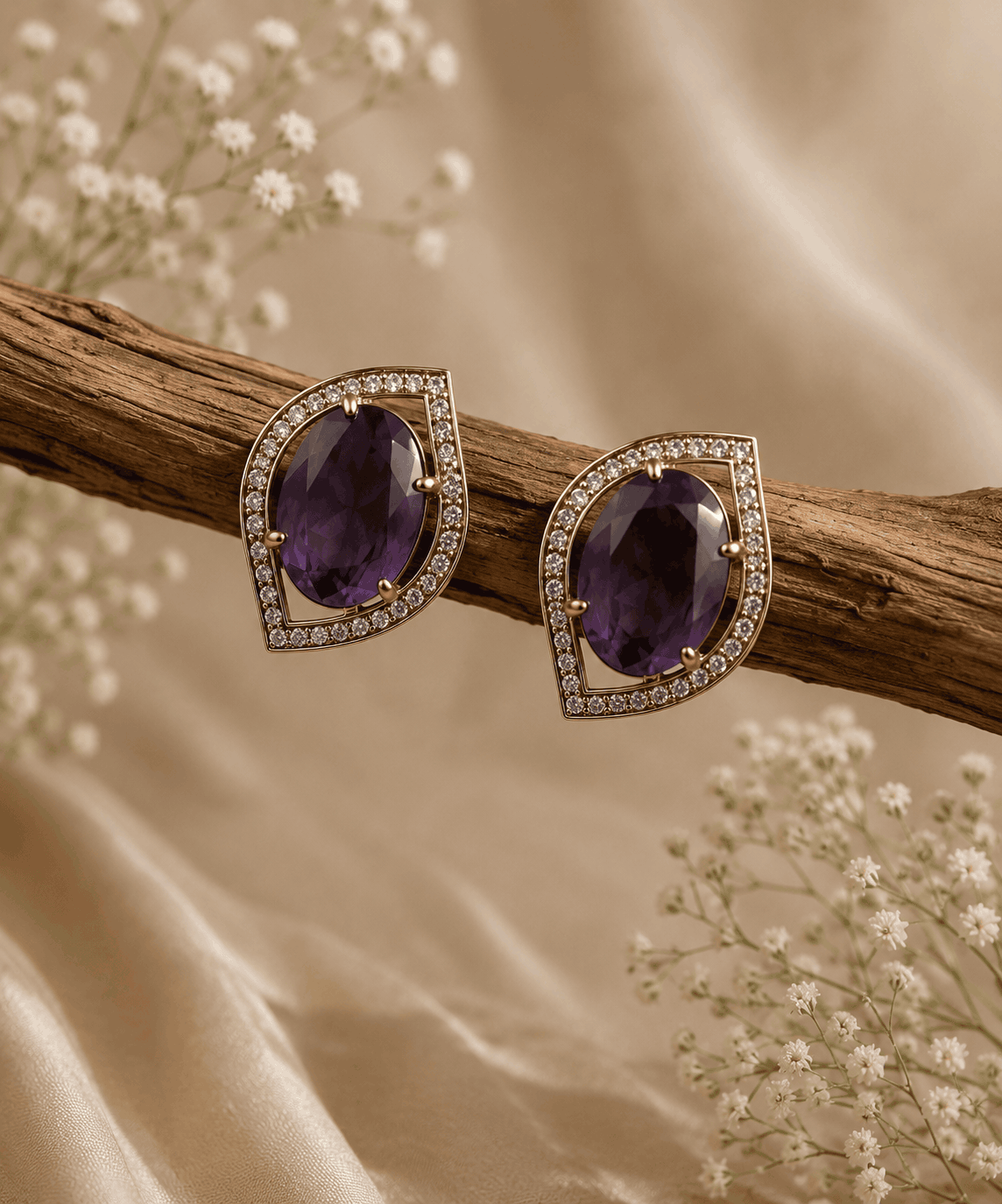 Purple teardrop halo stud earrings with pavé crystal border, gold-tone setting.
