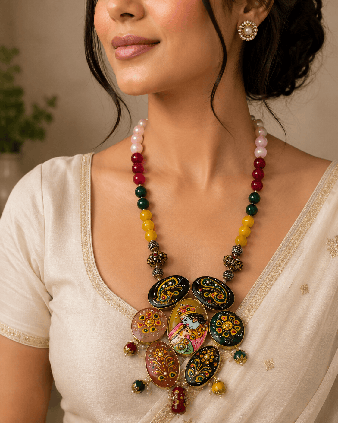 Multicolor beaded statement necklace with round hand-painted pendants and dangling charms