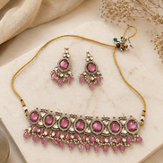 Dusty rose choker and earrings set on tray, gold-tone chain with pink teardrop charms