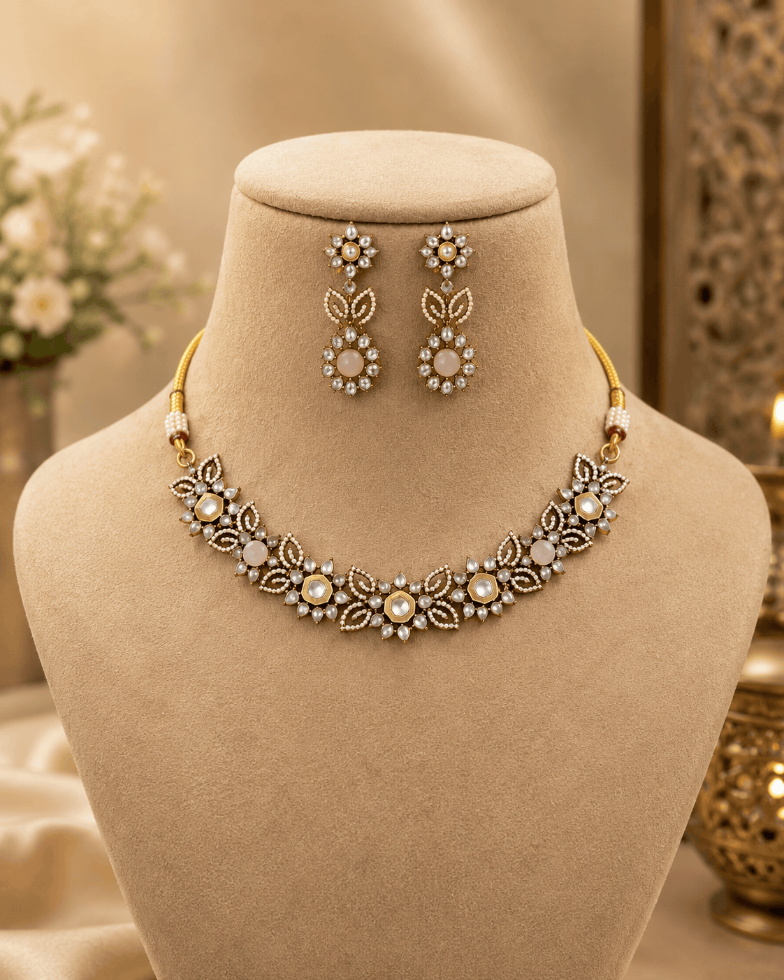 Peach pink stone necklace with floral bib design and matching dangling earrings