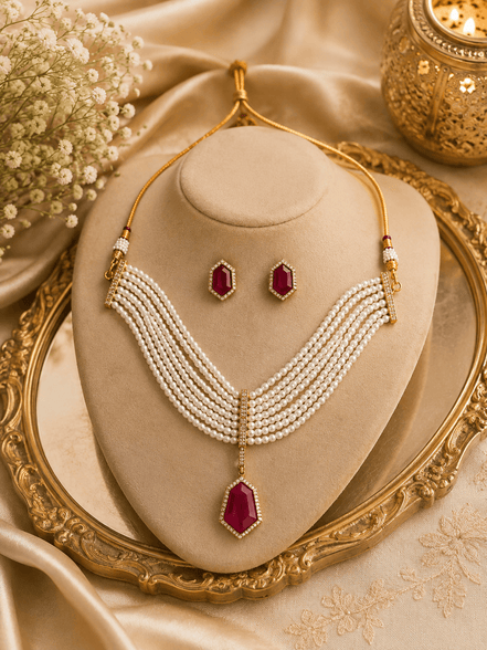 Gold-tone pearl necklace set with maroon pendant and matching stud earrings