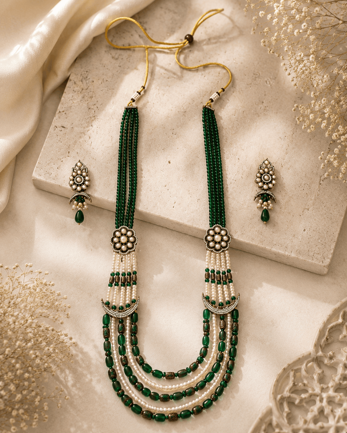 Teal green layered beaded necklace set with tassel ends and matching stud earrings