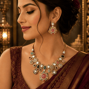 Gold-tone necklace set with green and pink kundan-style stones; matching drop earrings