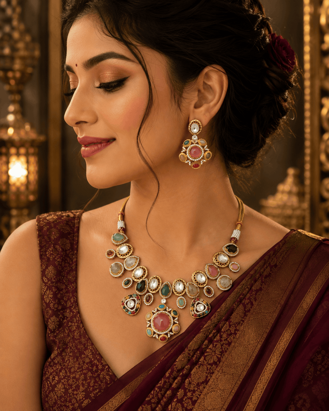 Gold-tone necklace set with green and pink kundan-style stones; matching drop earrings