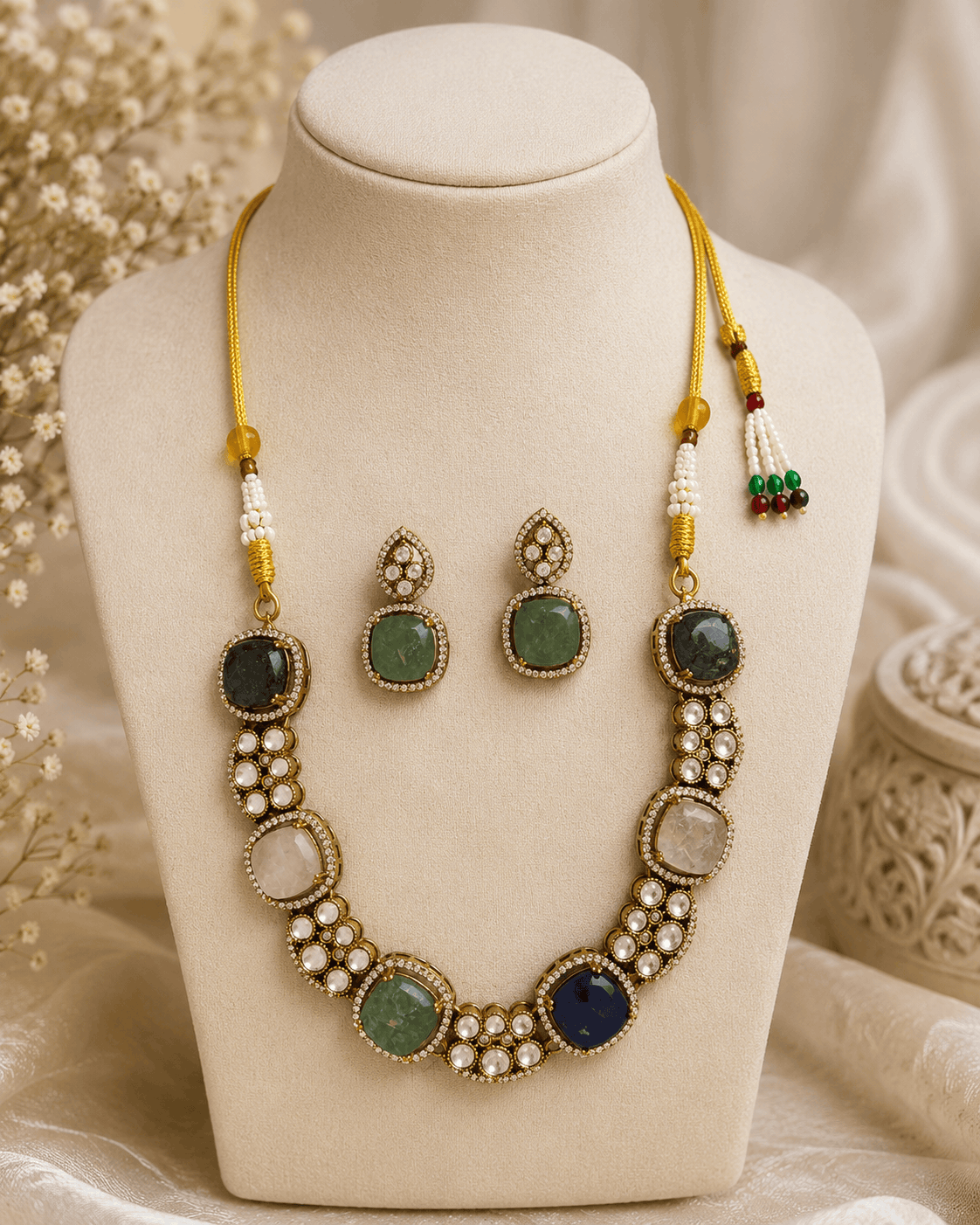Gold-tone multicolor gemstone necklace with round cabochon beads and oval stud earrings