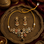 Heritage necklace set with multicolor stones and matching oval-drop earrings