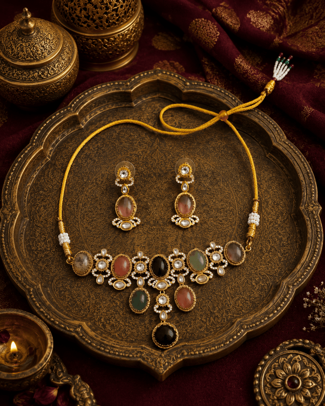 Heritage necklace set with multicolor stones and matching oval-drop earrings