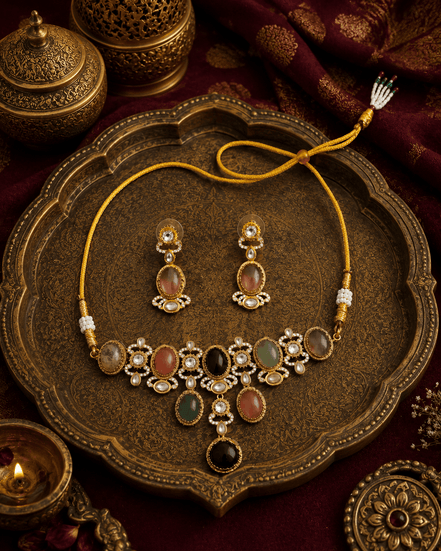 Heritage necklace set with multicolor stones and matching oval-drop earrings
