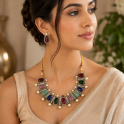 Mahira Heritage necklace set with multicolor oval stones and pearls, with drop earrings.
