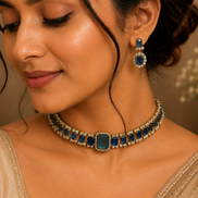 Navy blue stone choker necklace set with matching gold-tone square earrings