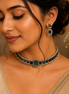 Navy blue stone choker necklace set with matching gold-tone square earrings