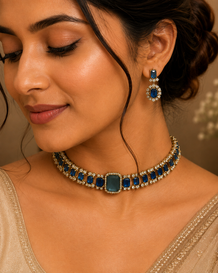 Navy blue stone choker necklace set with matching gold-tone square earrings
