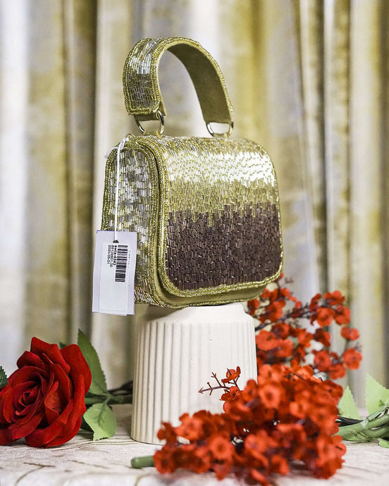 Gold crystal mini bag with top handle and dark gradient beaded panel