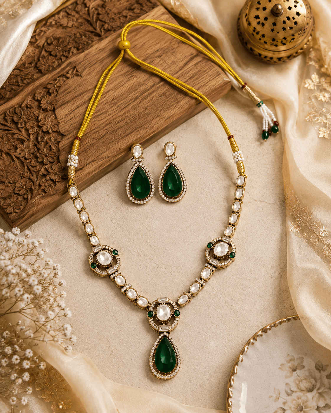 Gold-tone necklace set with green teardrop pendants and pearl bead stations, plus earrings