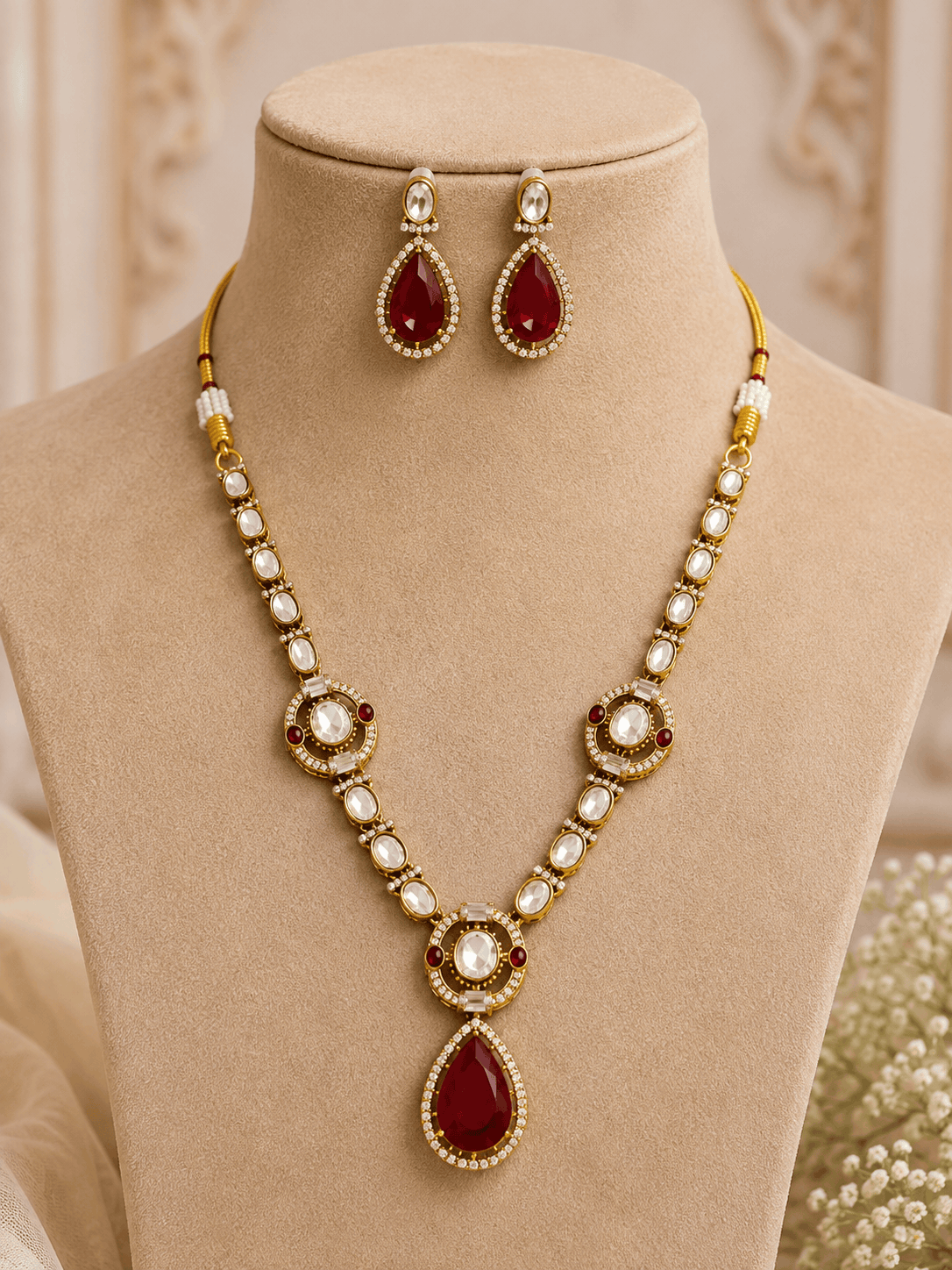 Gold-tone necklace set with red teardrop pendant, pearl bead collar, and matching earrings