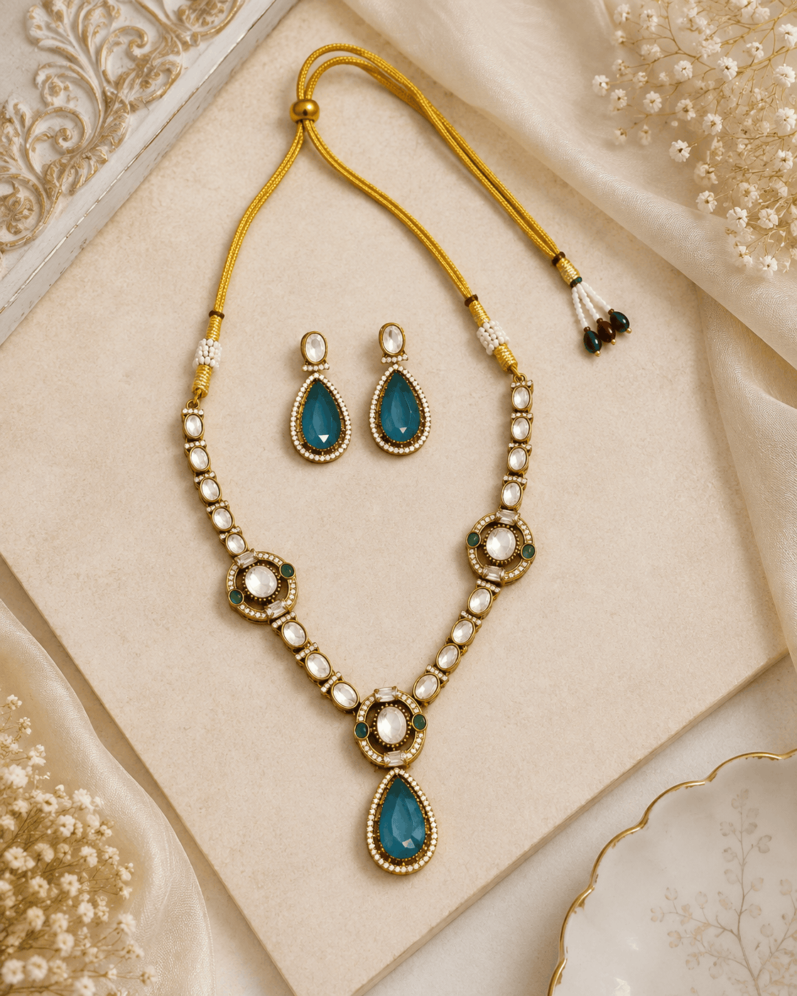 Gold-tone necklace set with green teardrop drop pendant and pearl bead details, with earrings