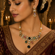 Gold-tone necklace with multicolor stones and dangling earrings on model
