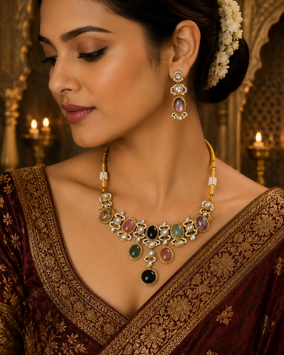 Gold-tone necklace with multicolor stones and dangling earrings on model