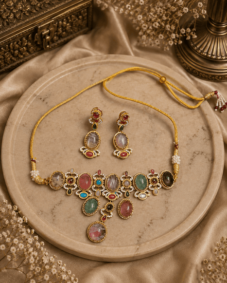 Gold-tone necklace with multicolor teardrop stones and matching earrings set