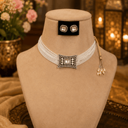 Off-white multirow choker with square centerpiece and tassel drop earrings