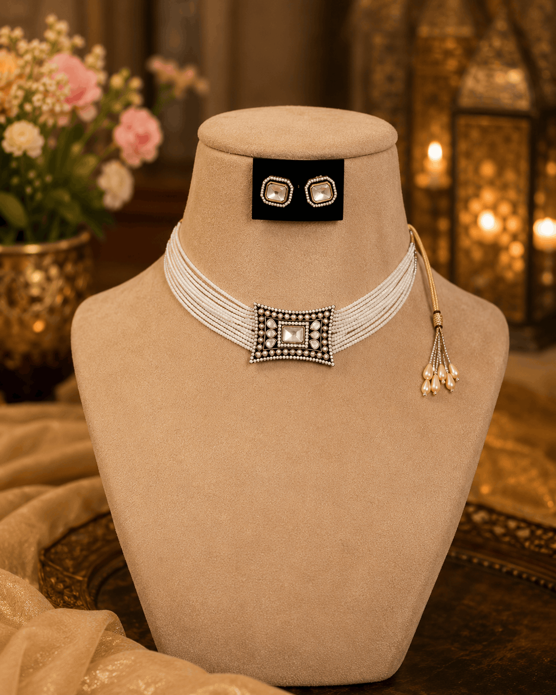 Off-white multirow choker with square centerpiece and tassel drop earrings