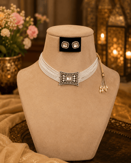 Off-white multirow choker with square centerpiece and tassel drop earrings