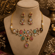 Gold-tone necklace and oval-drop earrings with multicolor stones, heritage set