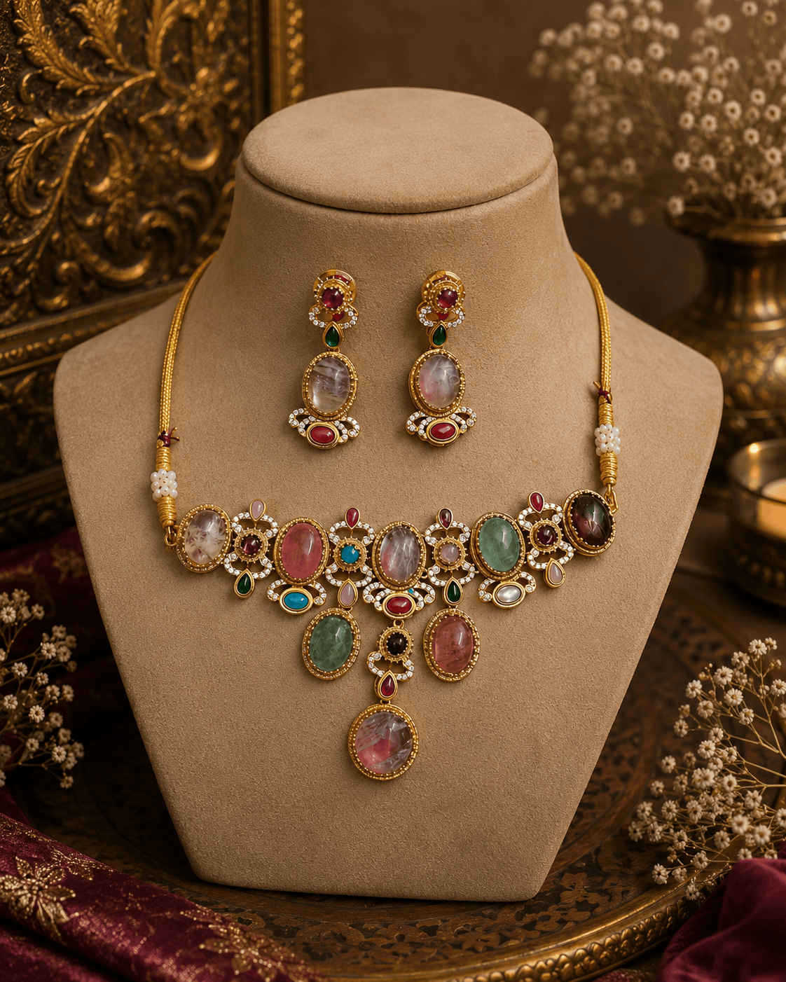 Gold-tone necklace and oval-drop earrings with multicolor stones, heritage set