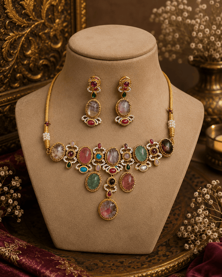 Gold-tone necklace and oval-drop earrings with multicolor stones, heritage set