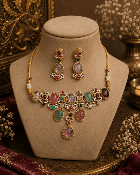 Gold-tone necklace and oval-drop earrings with multicolor stones, heritage set
