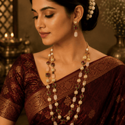 Maroon saree with gold-tone mala necklace set featuring pink, green, and red beads and drops