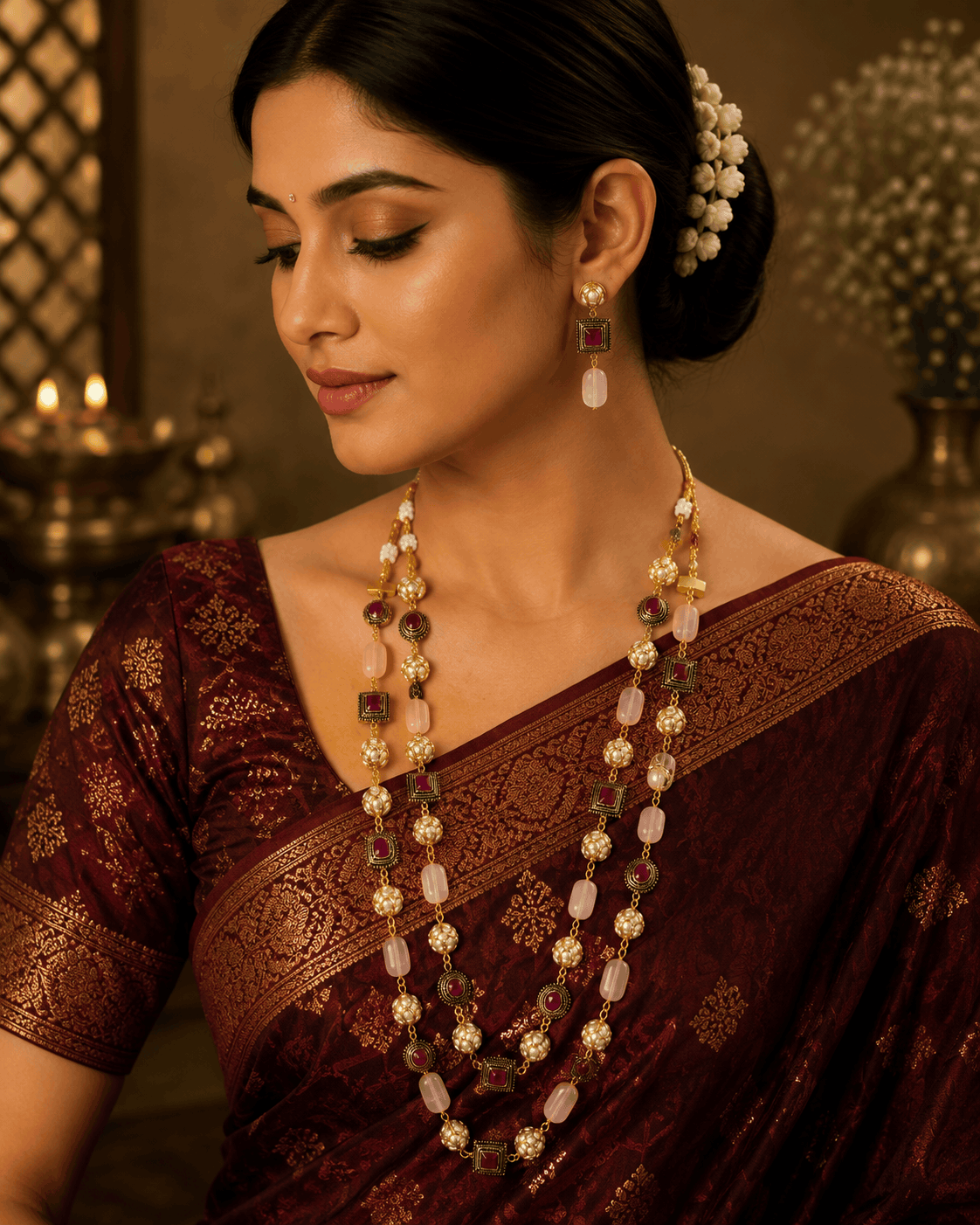 Maroon saree with gold-tone mala necklace set featuring pink, green, and red beads and drops