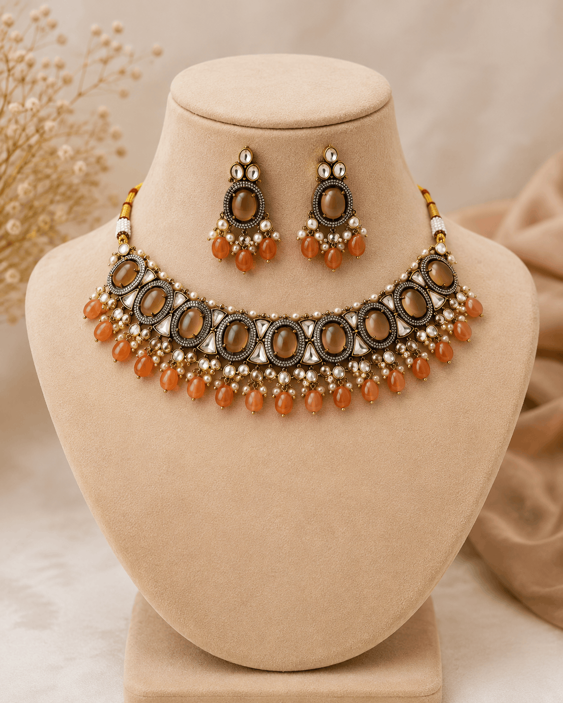 Amber-tone choker necklace set with matching drop earrings, dark oval beads and orange drops
