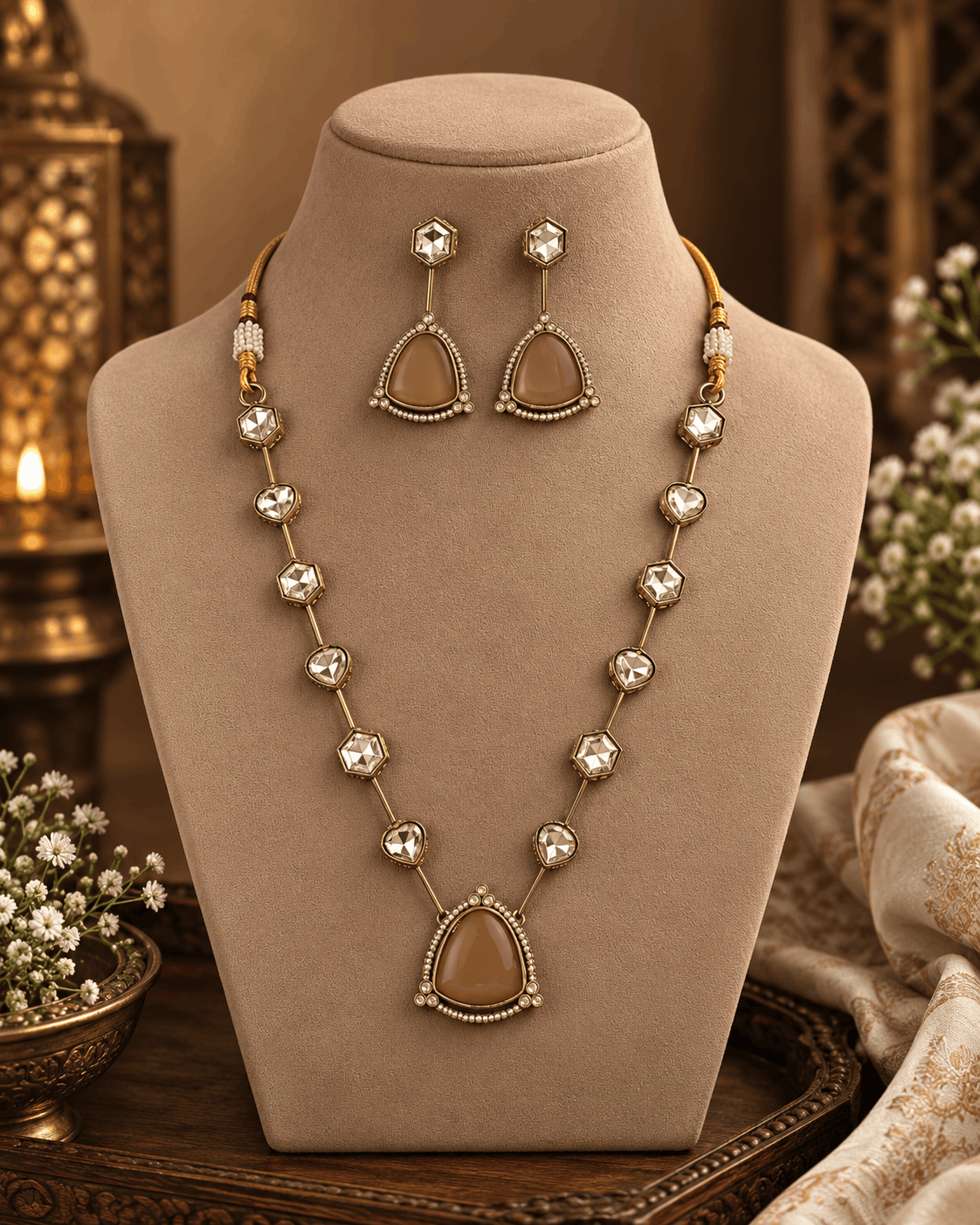 Gold-toned layered necklace with dark red teardrop centerpiece and square bead links