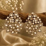 Pearl-and-rhinestone bloom statement earrings, gold-tone cluster with teardrop stones
