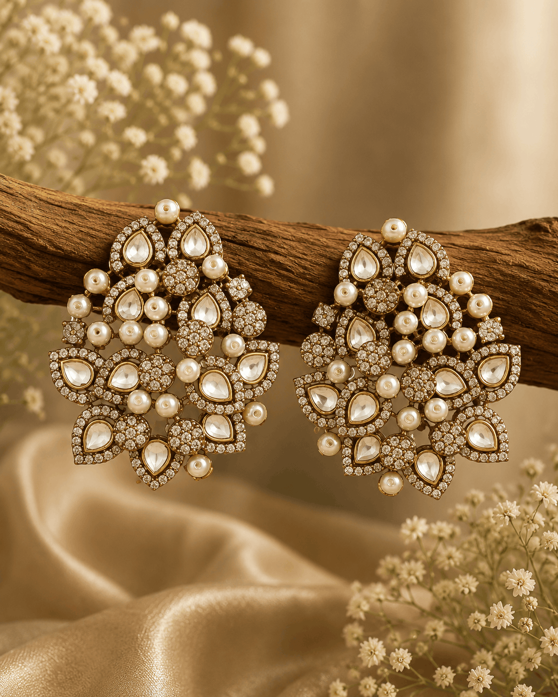 Pearl-and-rhinestone bloom statement earrings, gold-tone cluster with teardrop stones