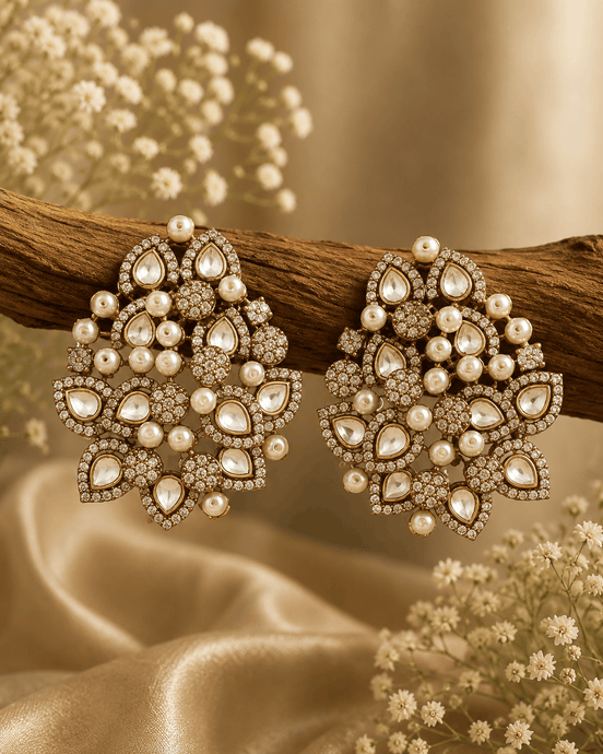 Pearl-and-rhinestone bloom statement earrings, gold-tone cluster with teardrop stones